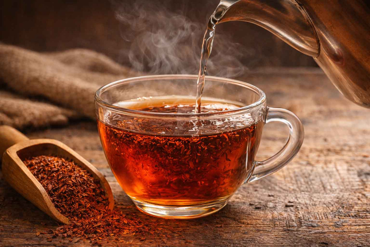 Parzenie rooibos w szklanej filiżance z gorącą wodą